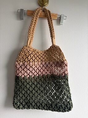 Aerie Handwoven Three-Tone Crochet Tote Bag - Tan, Pink & Olive